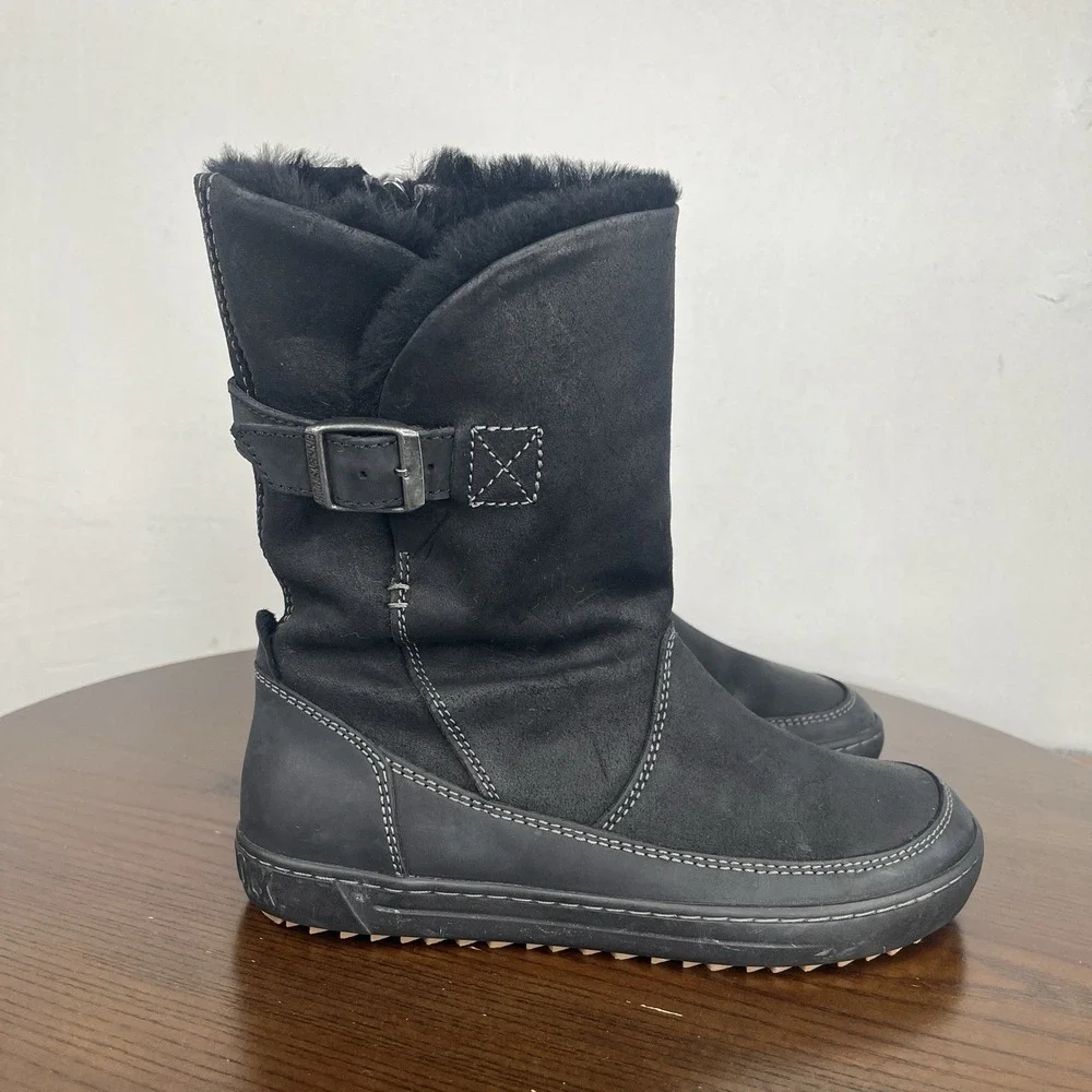 Birkenstock Woodbury Boots Women's 37/ 6 Black Suede Shearling Lined Buckle Warm - Picture 4 of 16